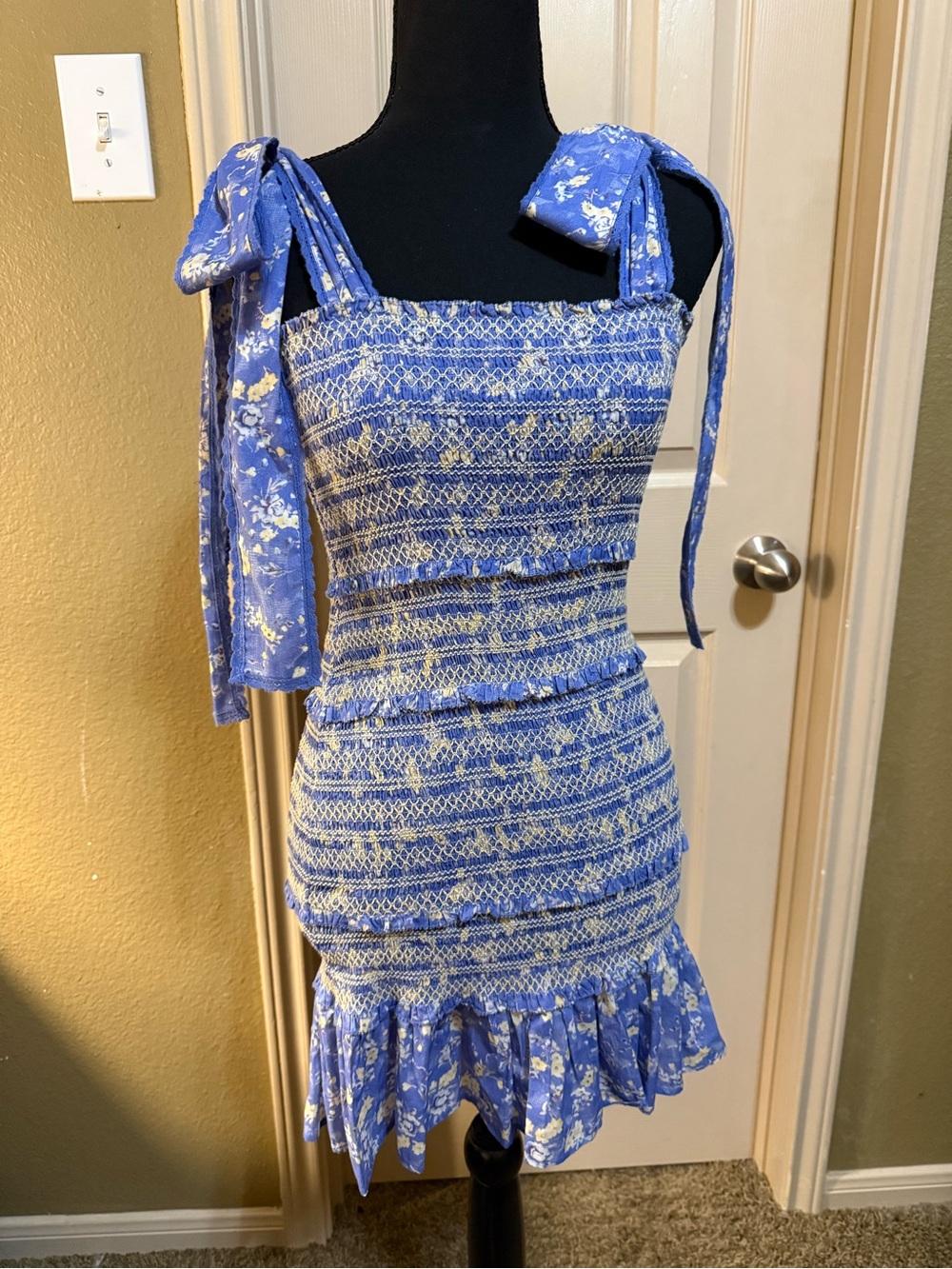 Peek Blue Floral Smocked Tie-Shoulder Mini Dress